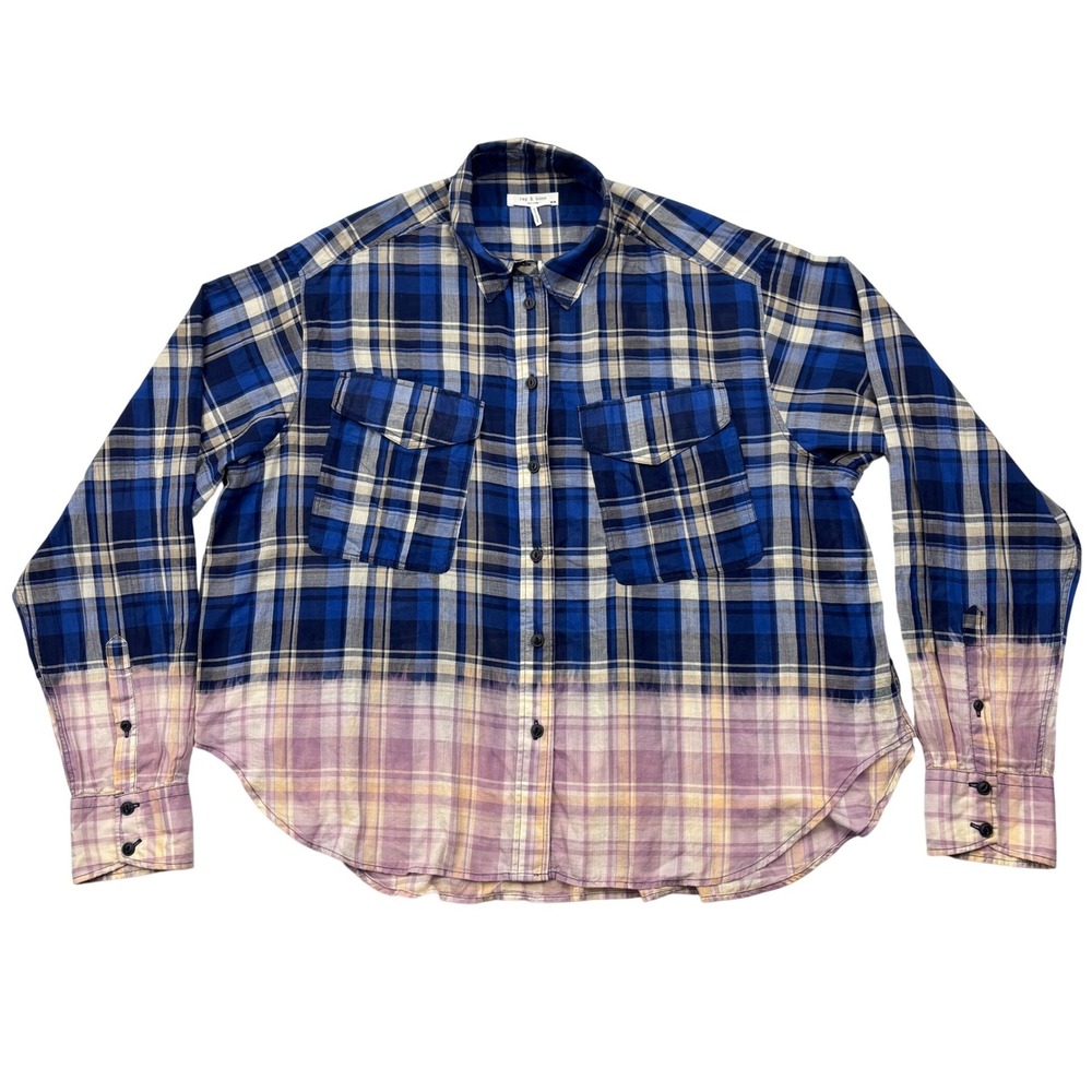 rag and bone Shirt Womens Medium Blue Dip Dye Bleach Plaid Oversized Flannel Top